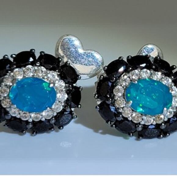 Genuine Untreated Paraiba Blue Opal Black Spinel White Zircon Earrings - Picture 12 of 16